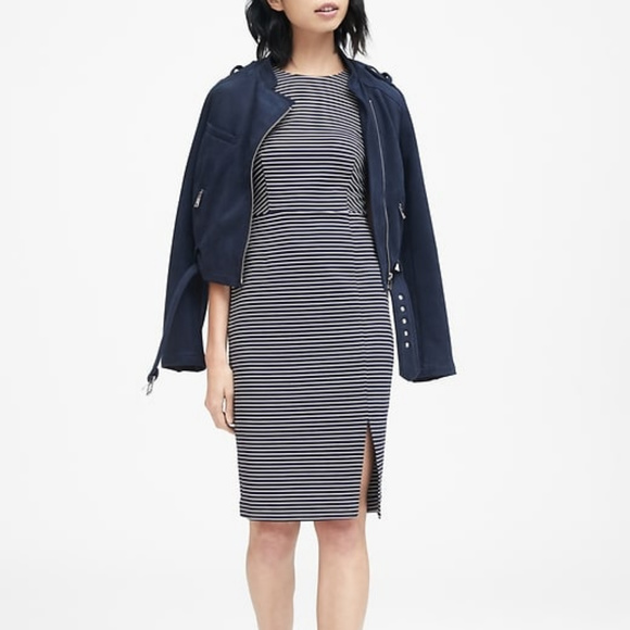 BANANA REPUBLIC Stripe Ponte Sheath Dress 6 NAVY - Picture 2 of 7